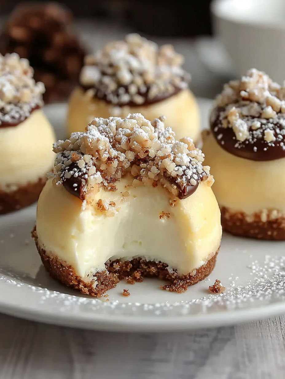 A plate of miniature cakes with chocolate and nut toppings.