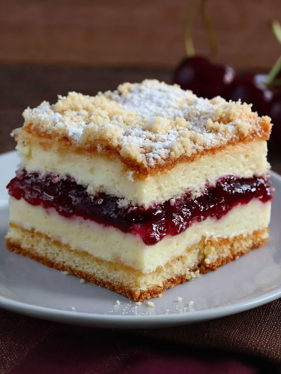 A slice of cake with cherries and powdered sugar.