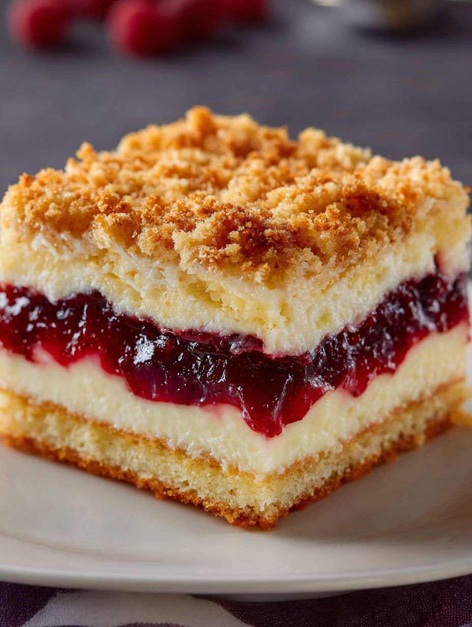 A slice of cake with a layer of fruit and crumbs.