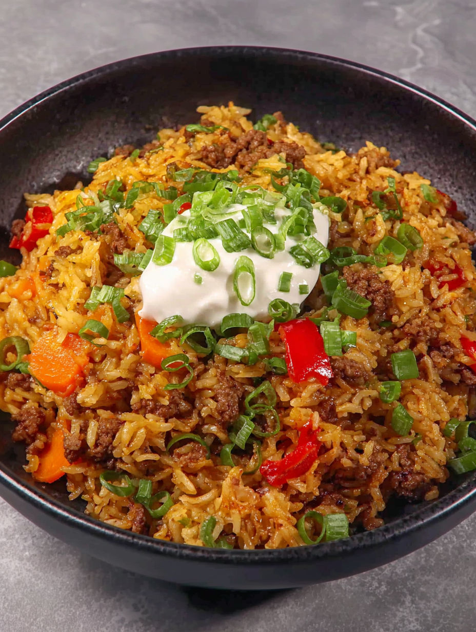 A bowl of rice with meat and vegetables.