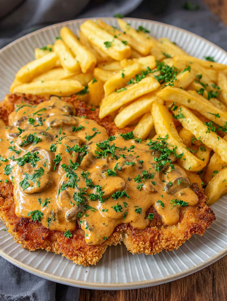 A plate of food with chicken and mushrooms.