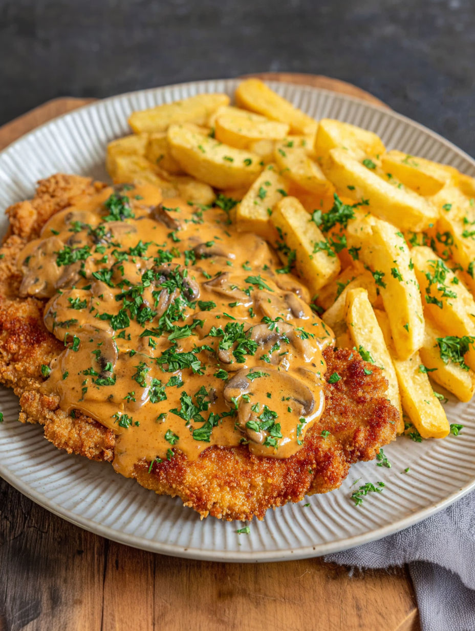 A plate of food with a piece of meat covered in gravy and mushrooms.
