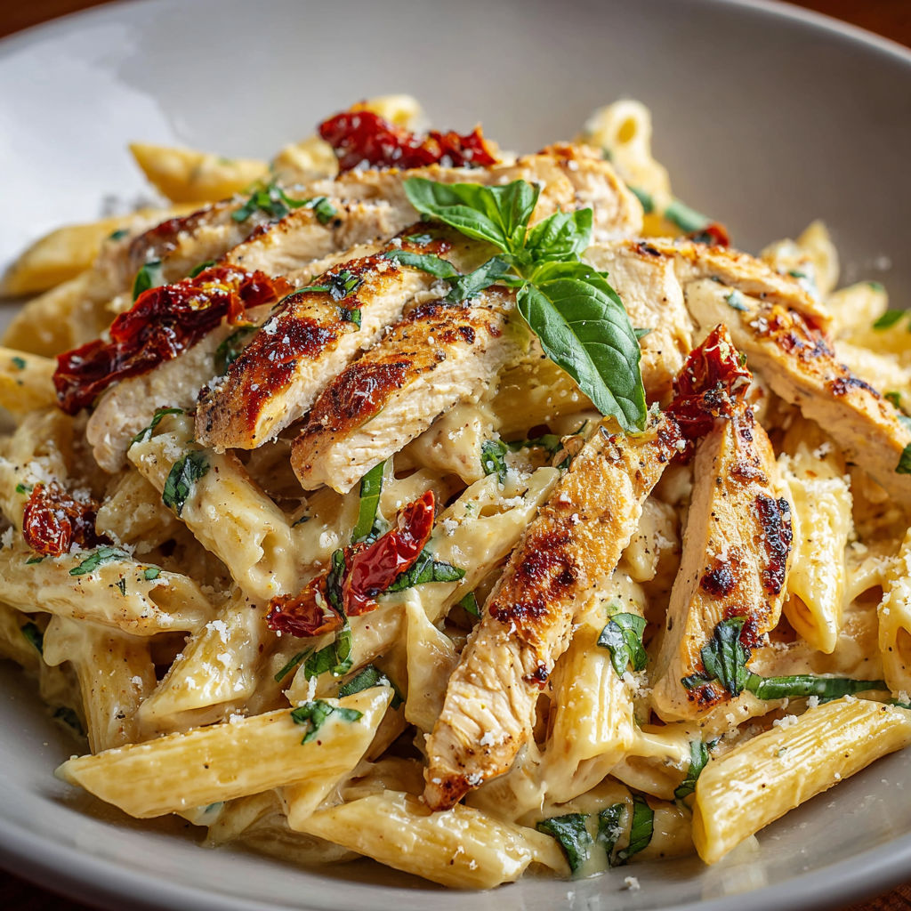 A plate of chicken and pasta.