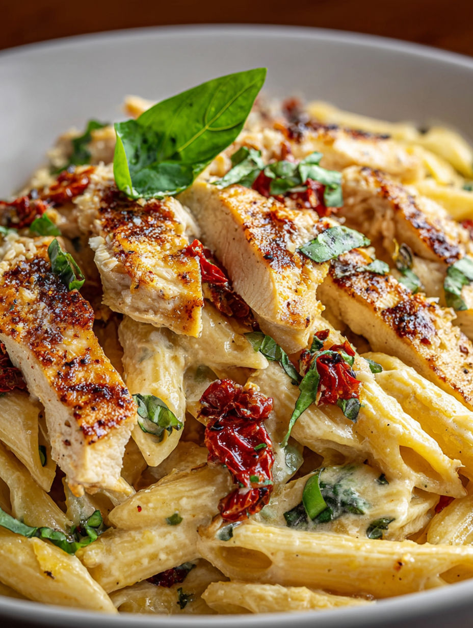 A plate of chicken and pasta with a green leaf on top.