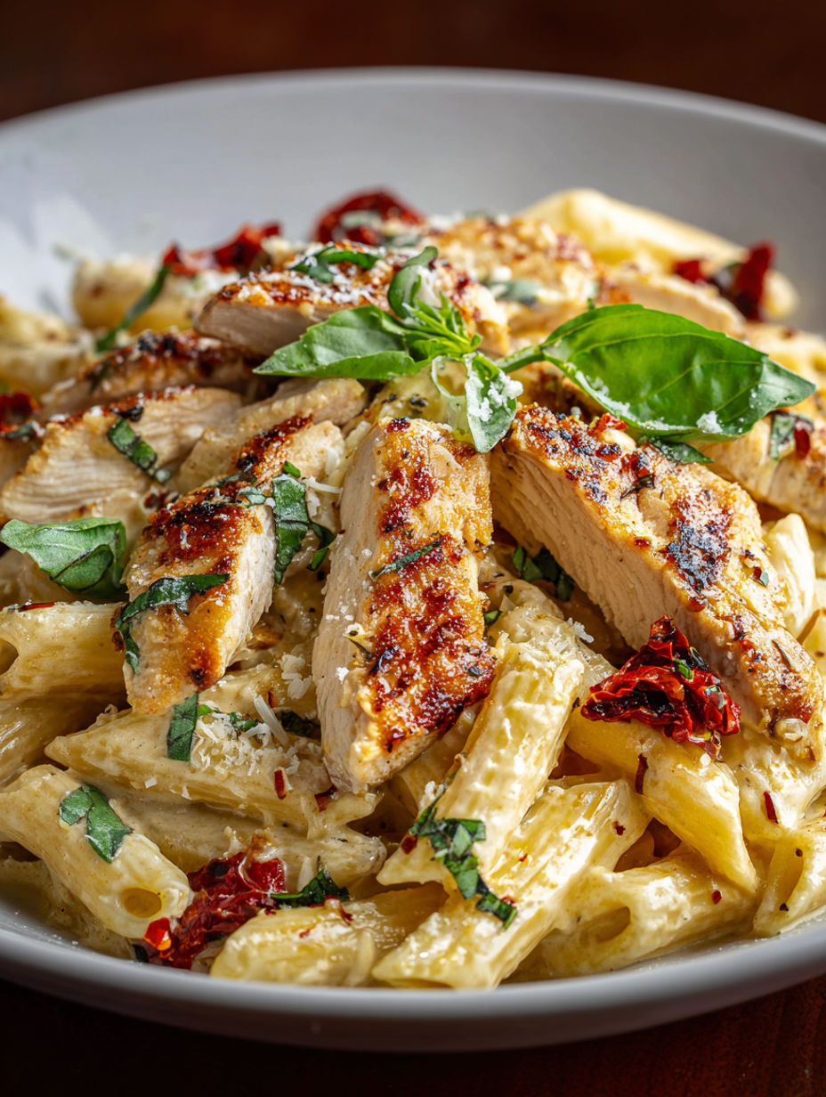 A plate of chicken and pasta with a green garnish.