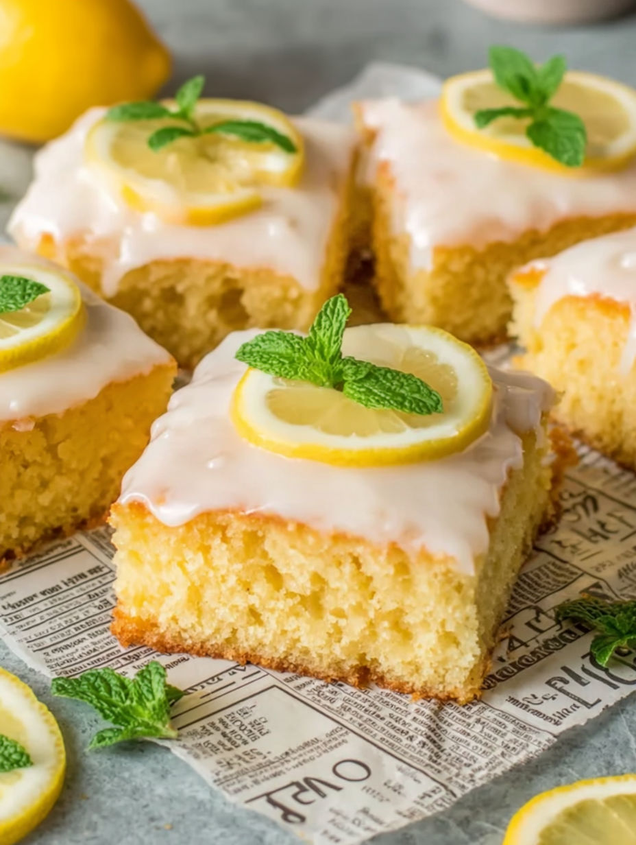 A slice of lemon cake with mint leaves on top.