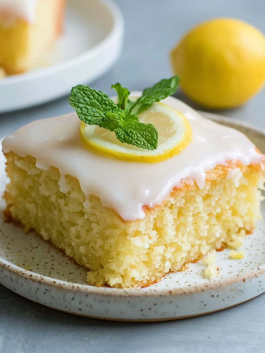 A slice of lemon cake with a lemon wedge on top.