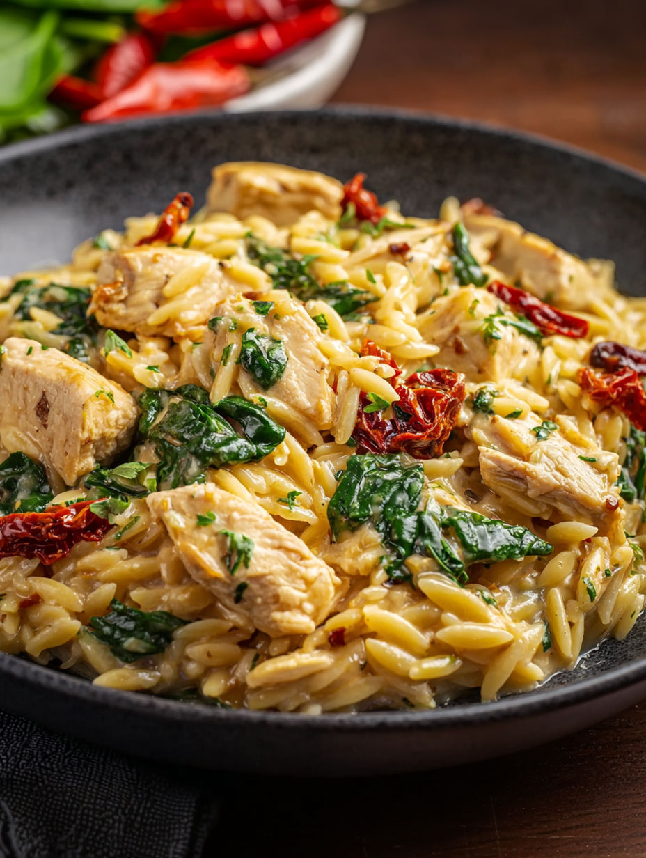 A plate of pasta with chicken and vegetables.