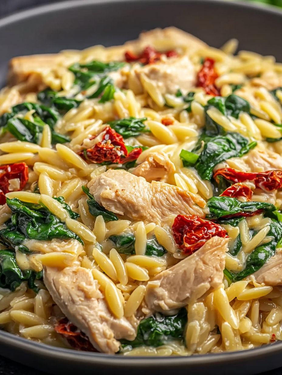 A close up of a plate of pasta with chicken and vegetables.