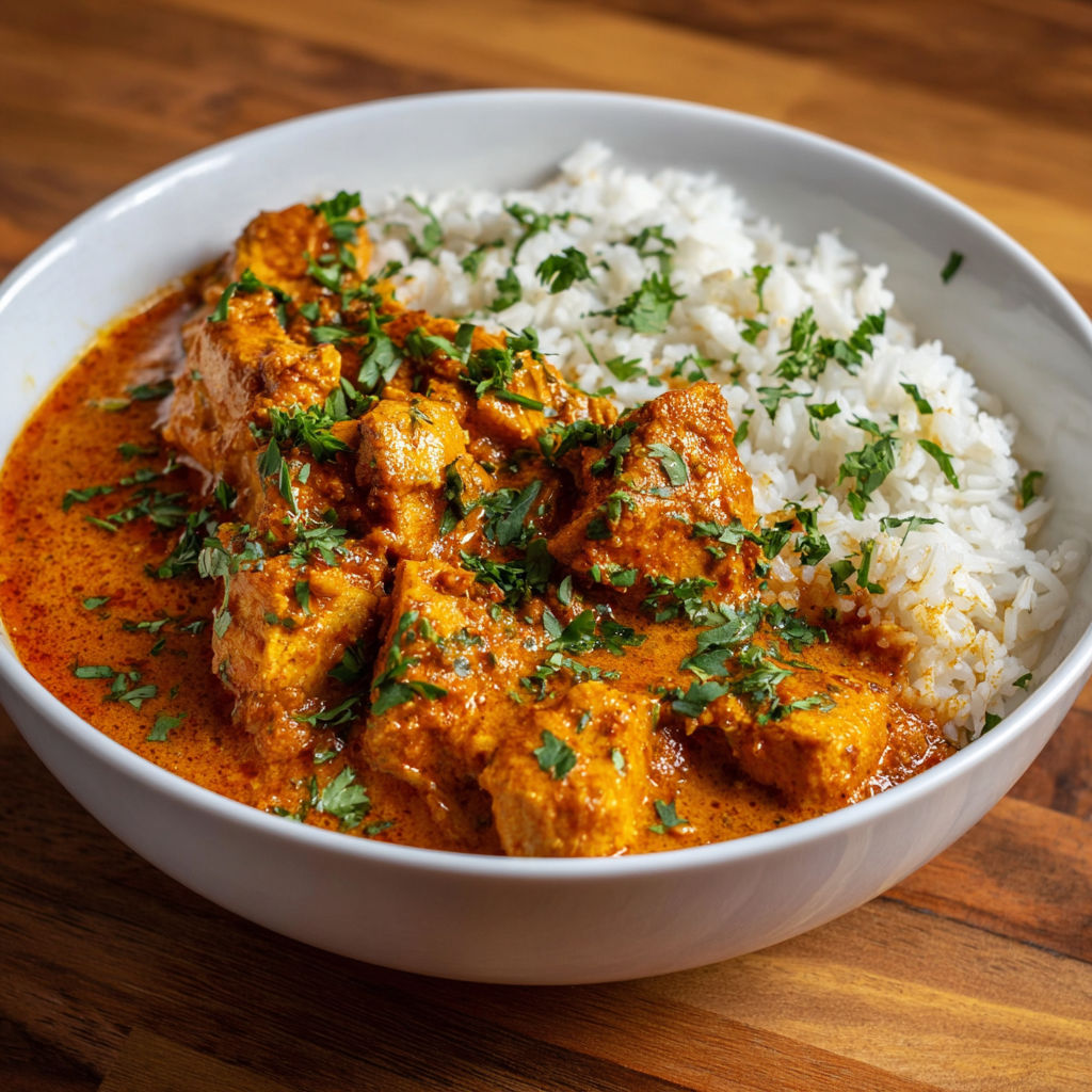 A bowl of butter chicken with rice.