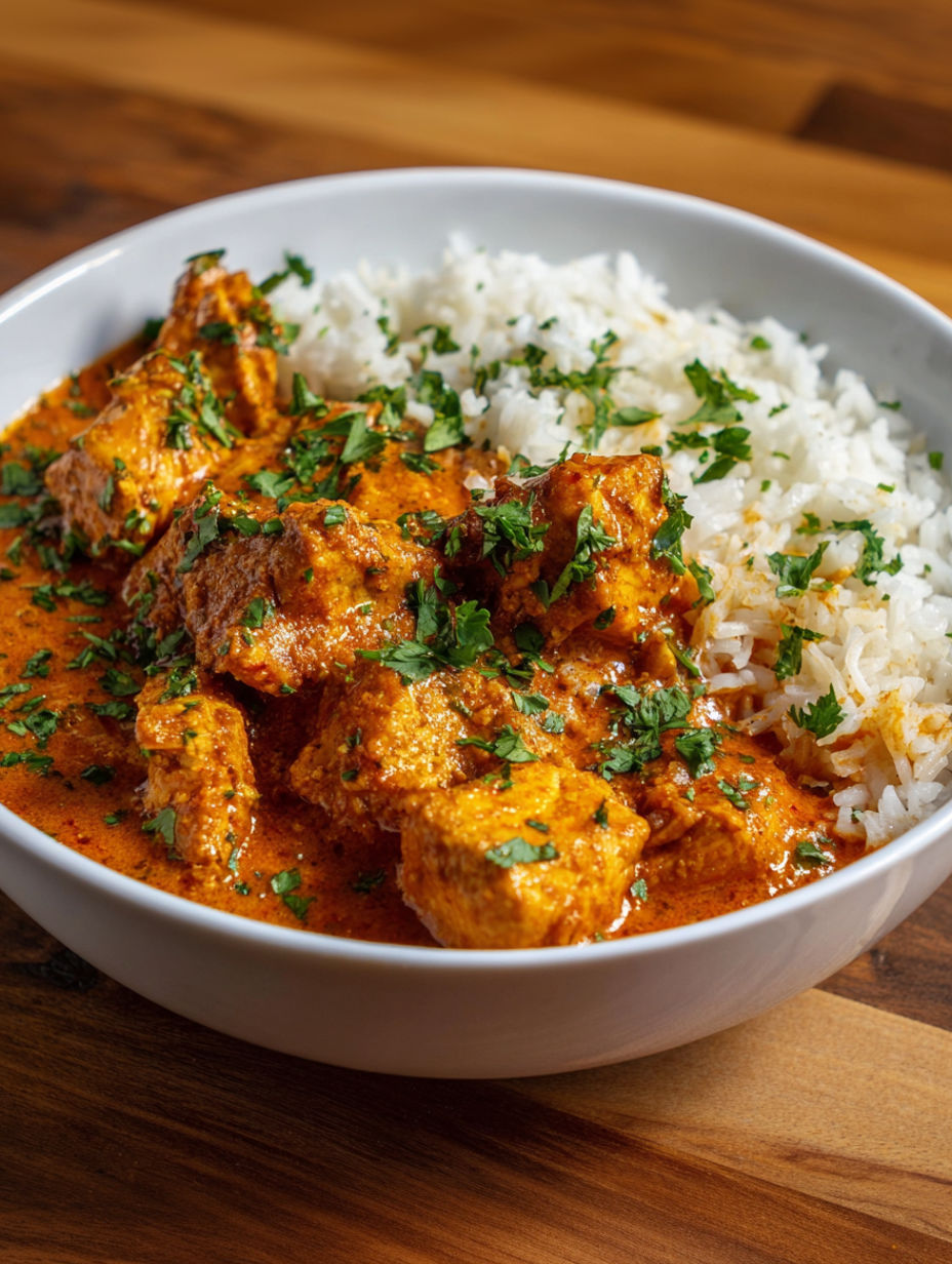A bowl of butter chicken with rice.