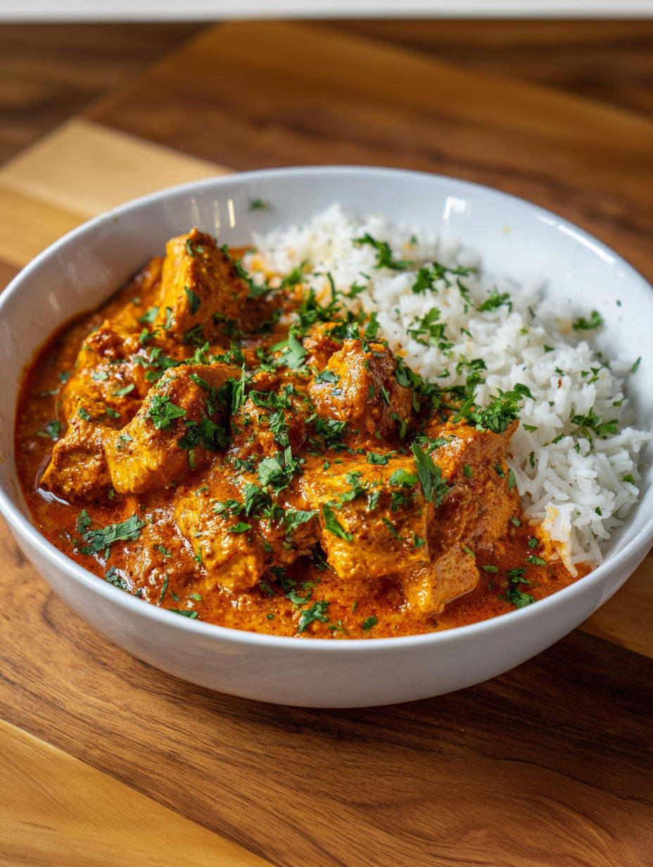 A bowl of butter chicken with rice.