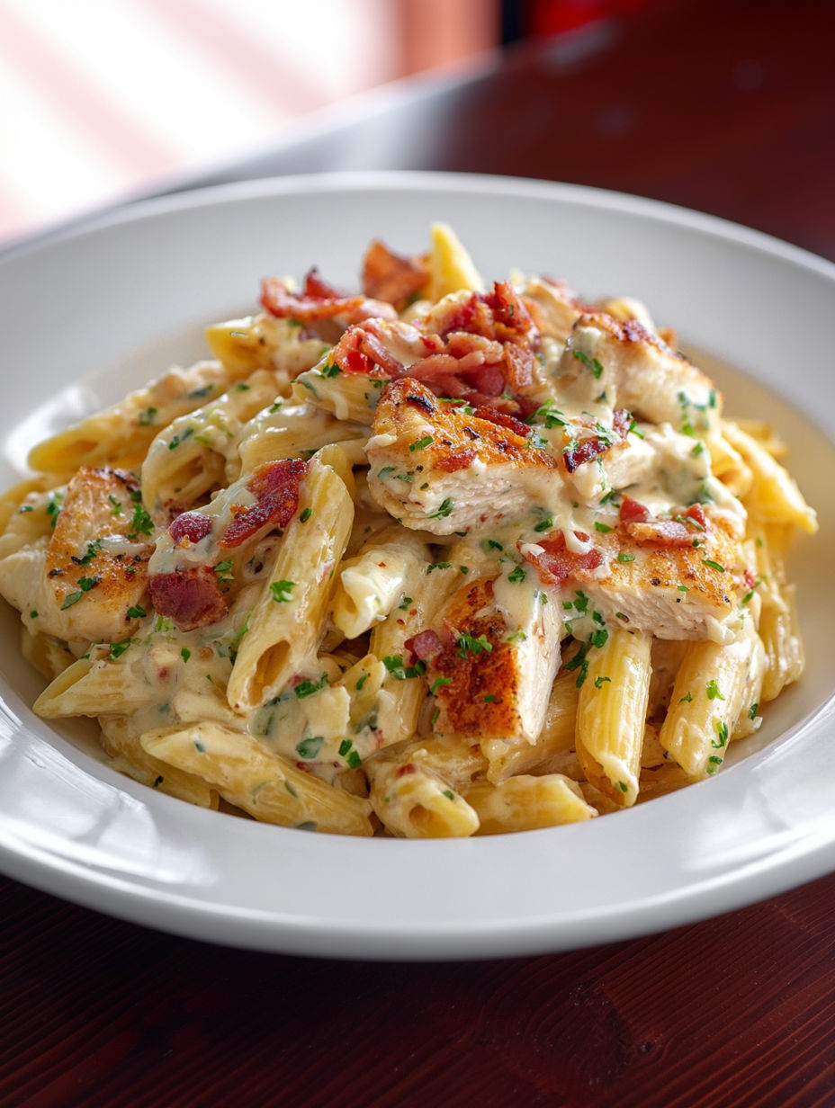 A plate of chicken bacon ranch pasta.
