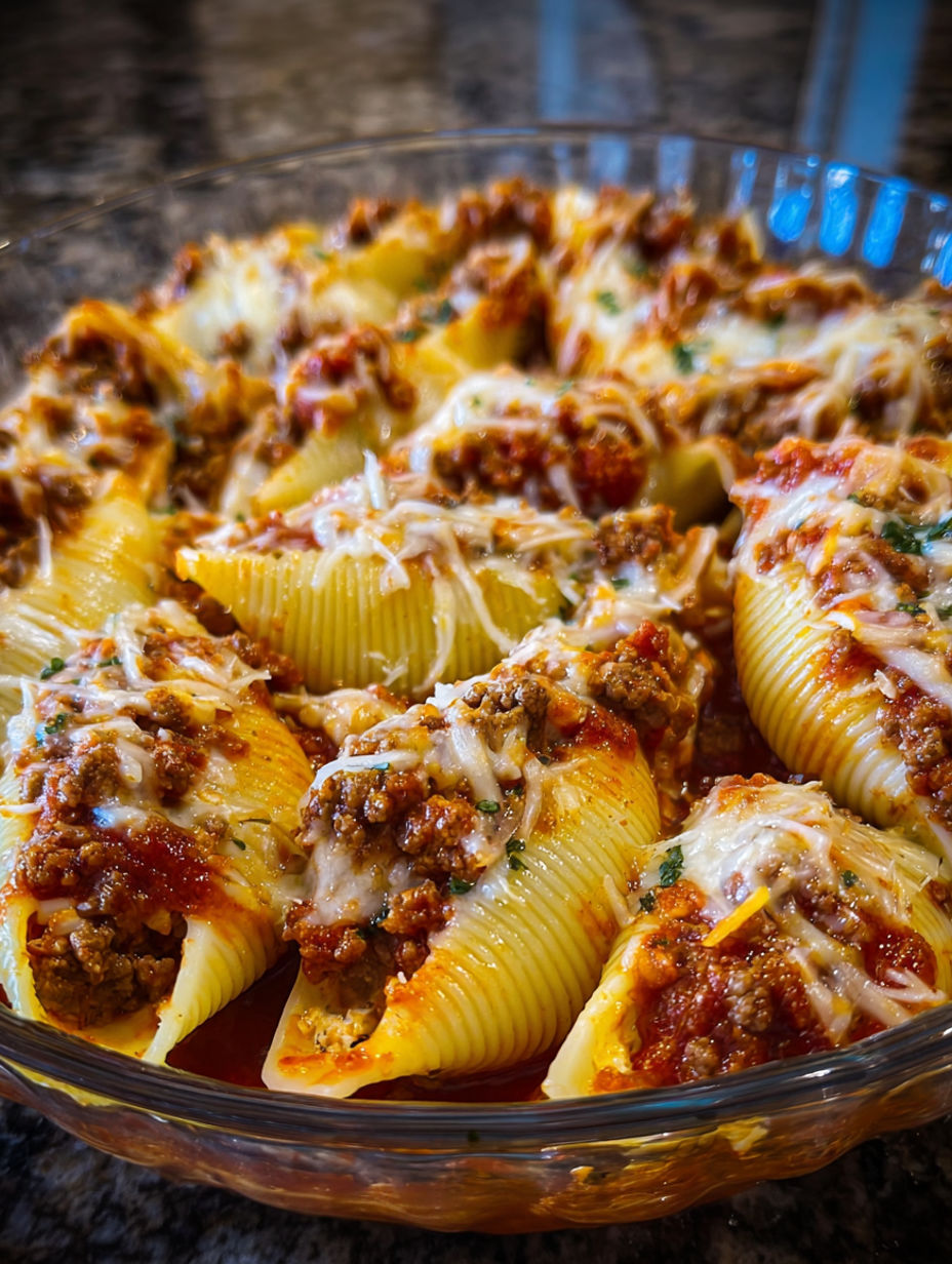 A dish of stuffed shells with ground beef.