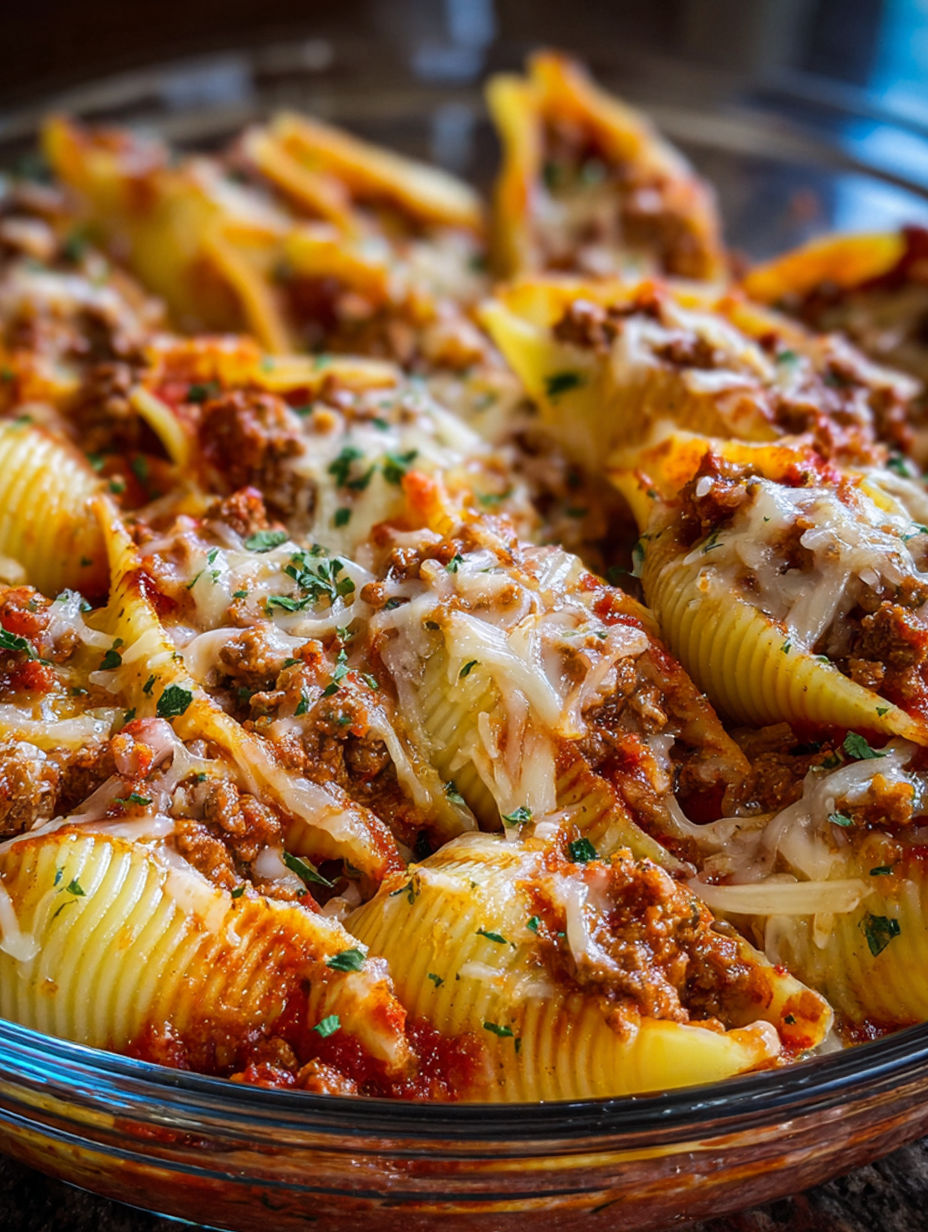 A dish of stuffed shells with ground beef.