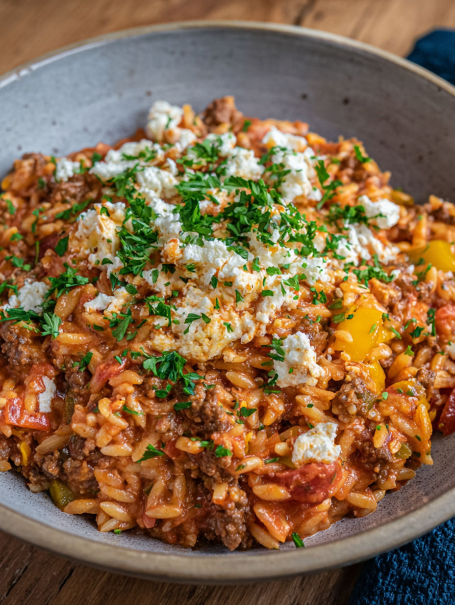 A bowl of Nudel-Hackfleisch Auflauf.