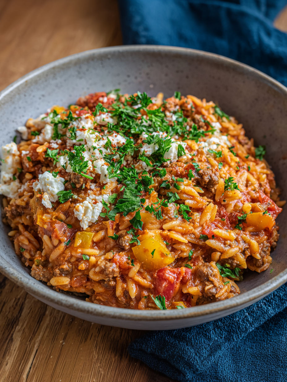 A bowl of Nudel-Hackfleisch Auflauf.