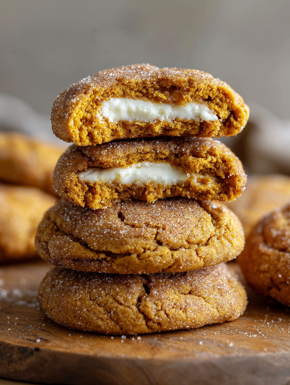 A stack of cookies with white frosting and orange sugar.