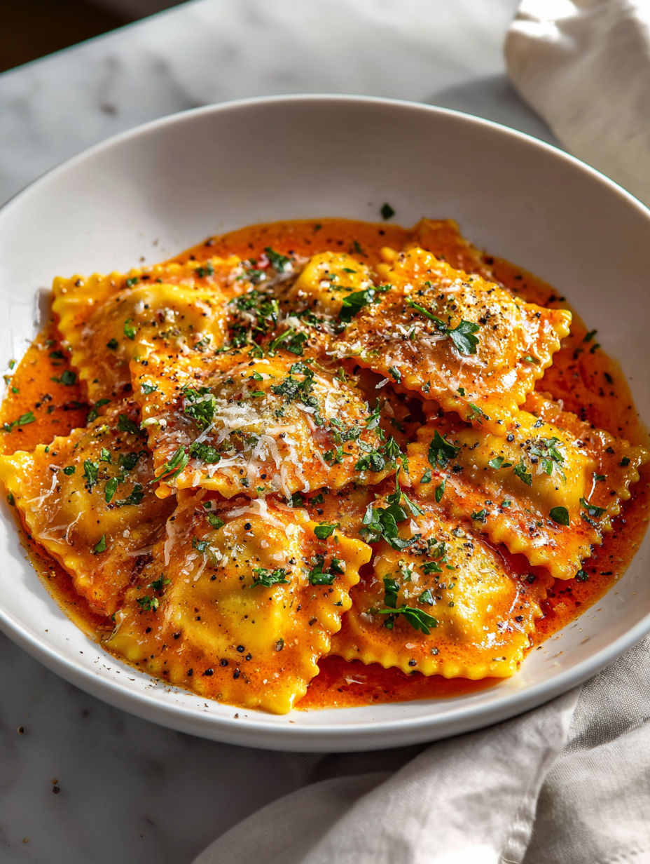 A bowl of creamy tomato ravioli sauce.