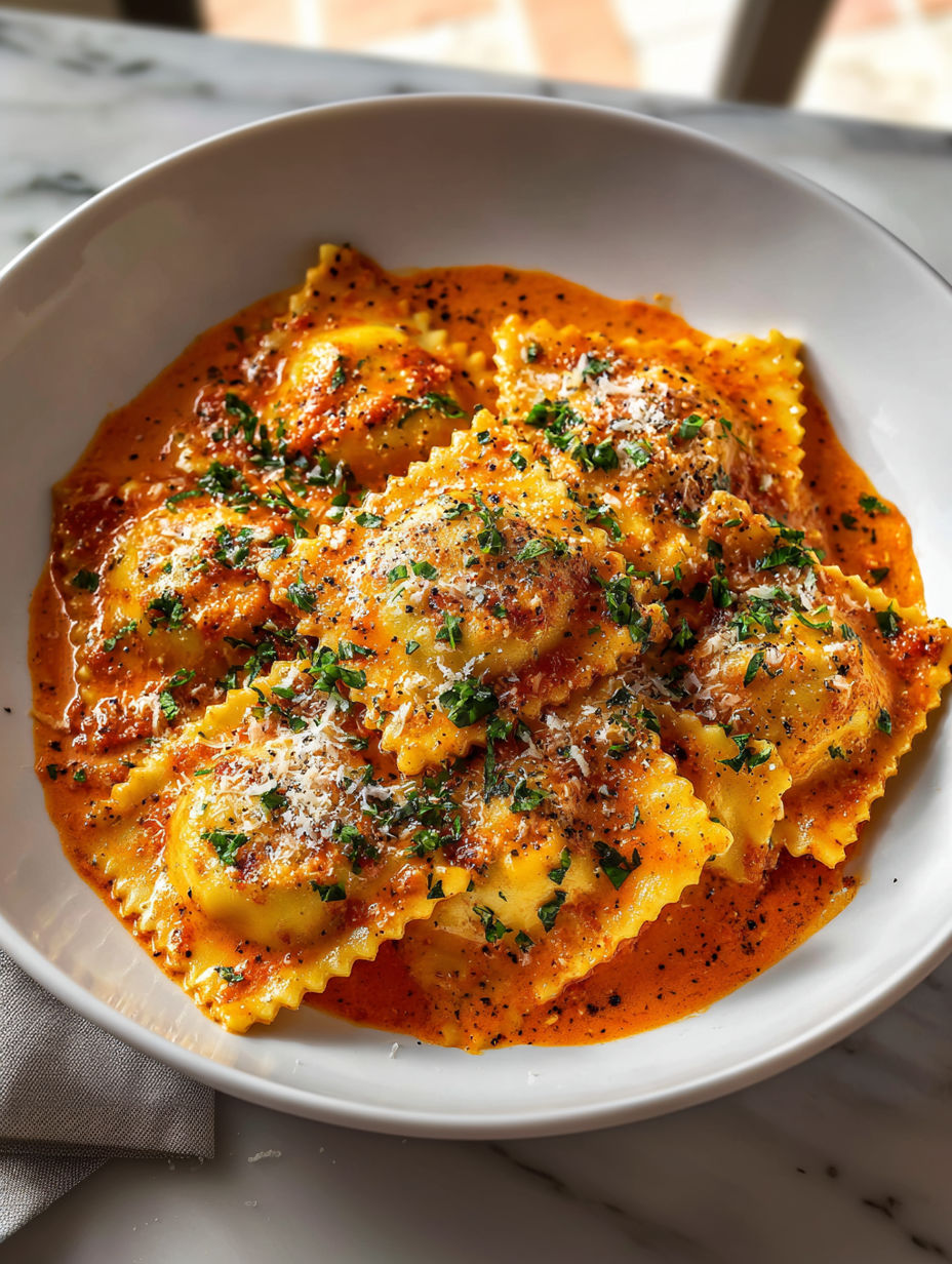 A bowl of creamy tomato ravioli sauce.