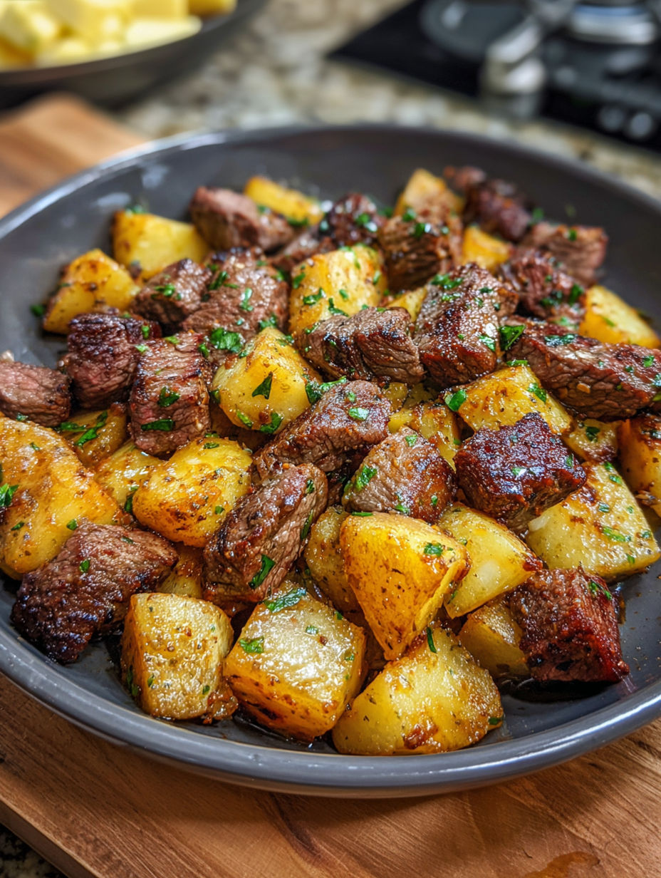 A plate of steak and potatoes.