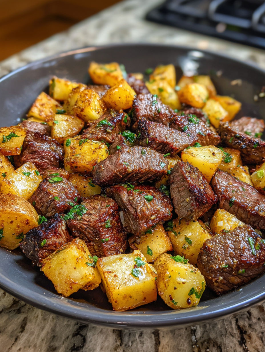 A plate of steak and potatoes.