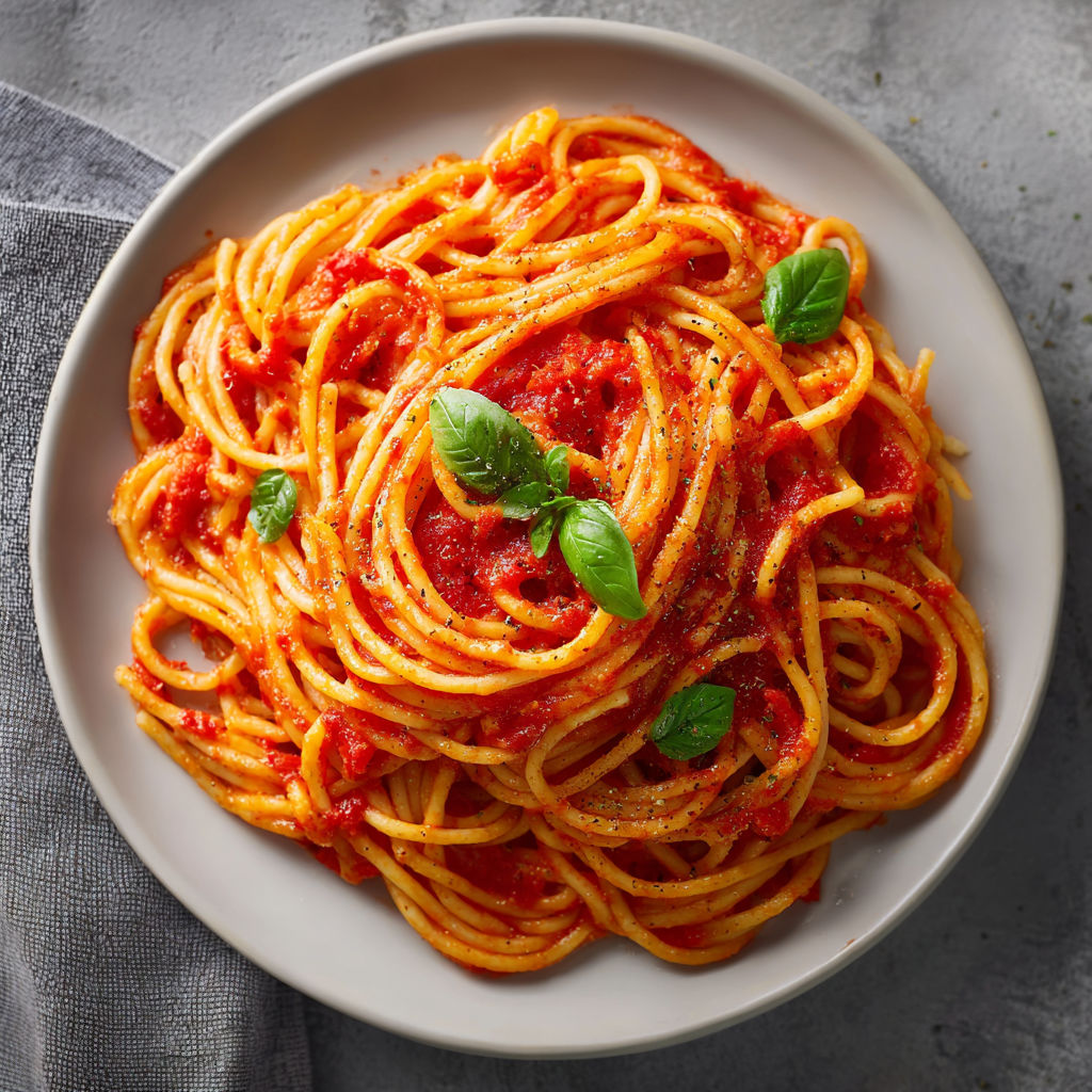 A plate of spaghetti with tomato sauce.