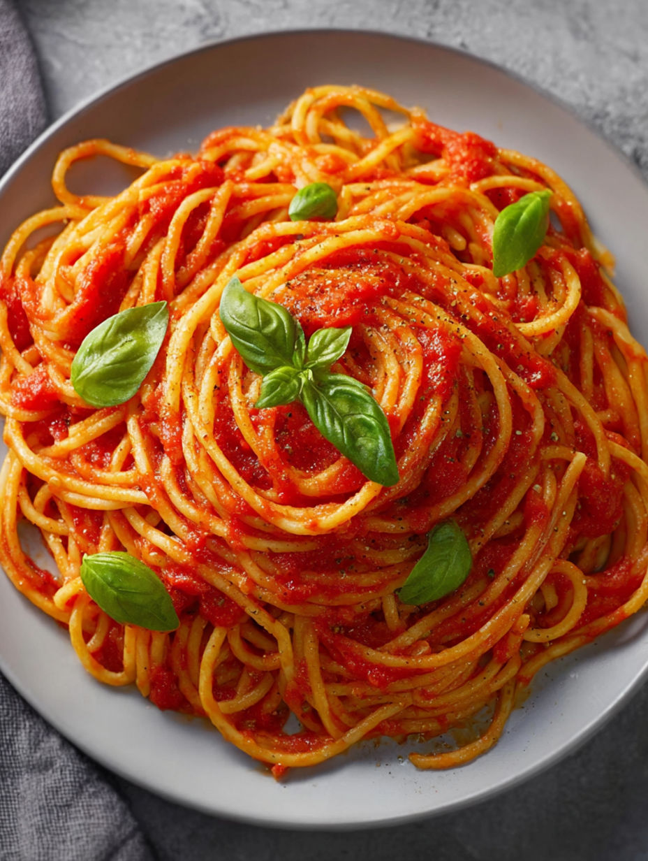 A plate of spaghetti with tomato sauce.