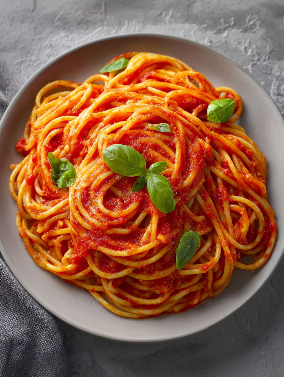 A plate of spaghetti with tomato sauce.