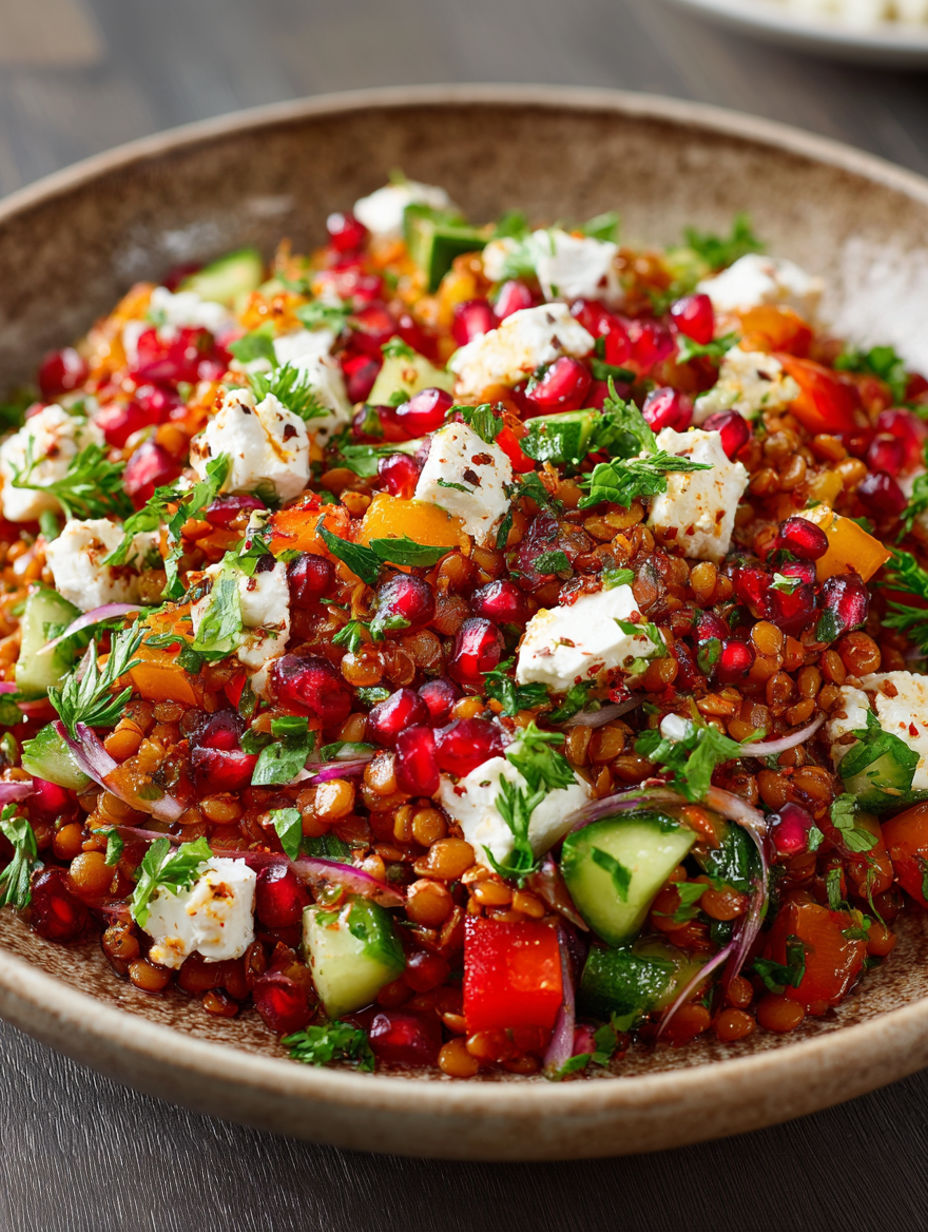 A bowl of food with feta cheese and red peppers.