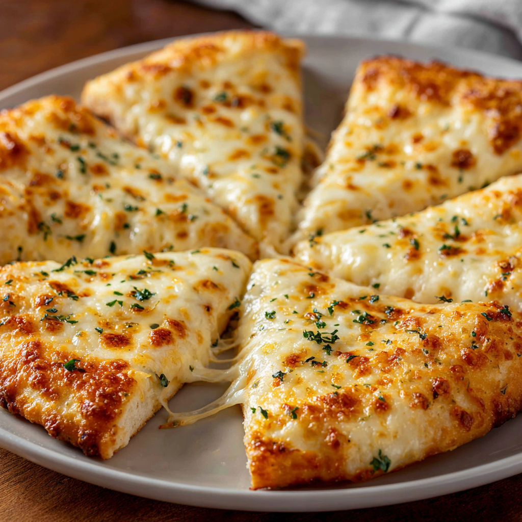 A plate of cheese pizza with a white sauce.