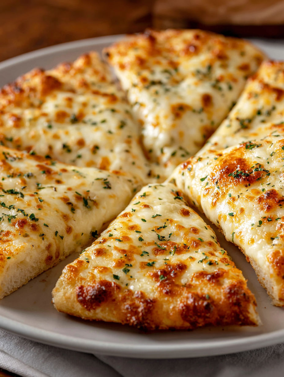 A plate of pizza with cheese and herbs.