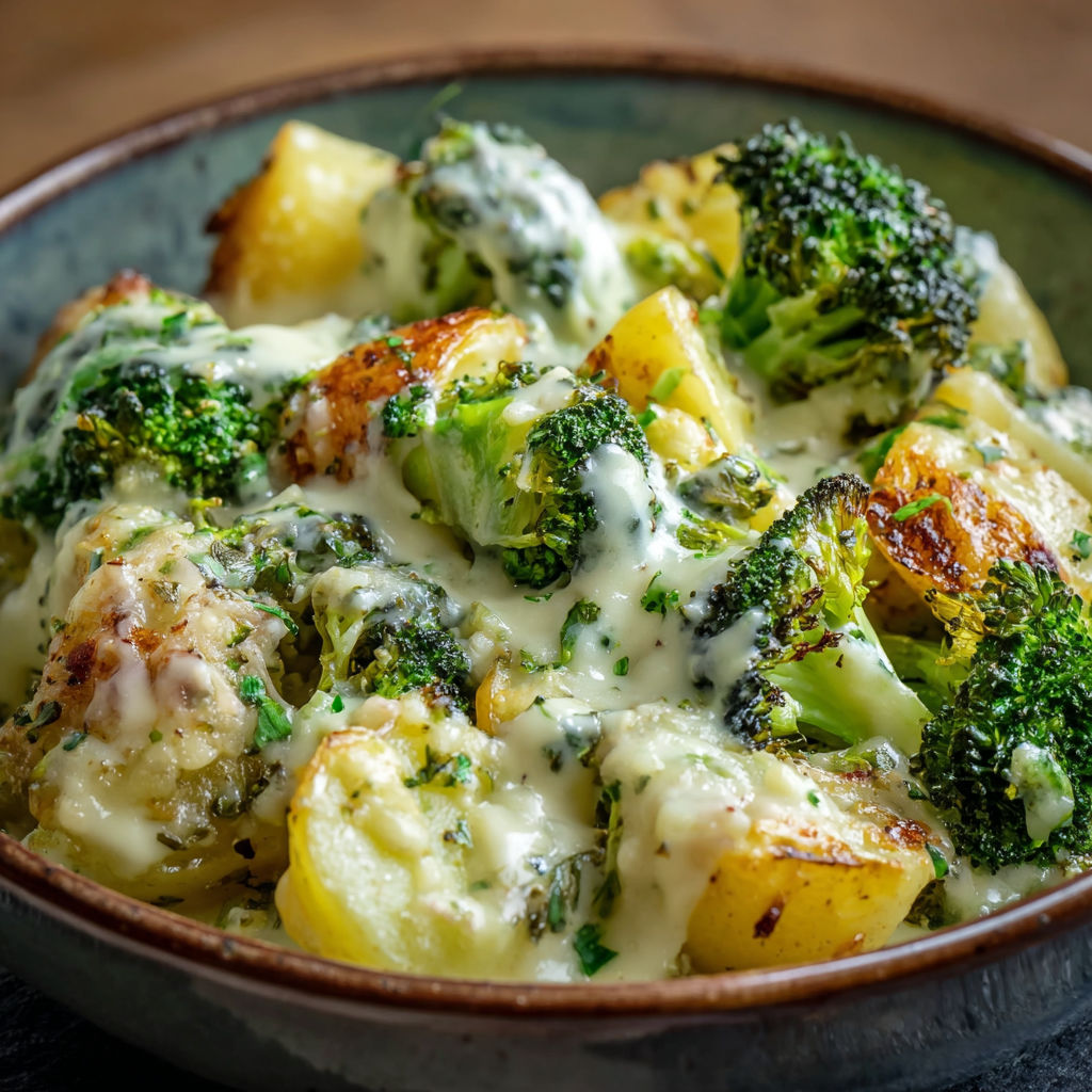 A bowl of food with broccoli and potatoes.