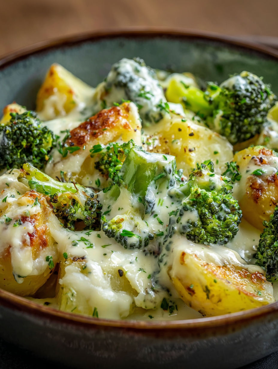 A bowl of food with broccoli and potatoes.
