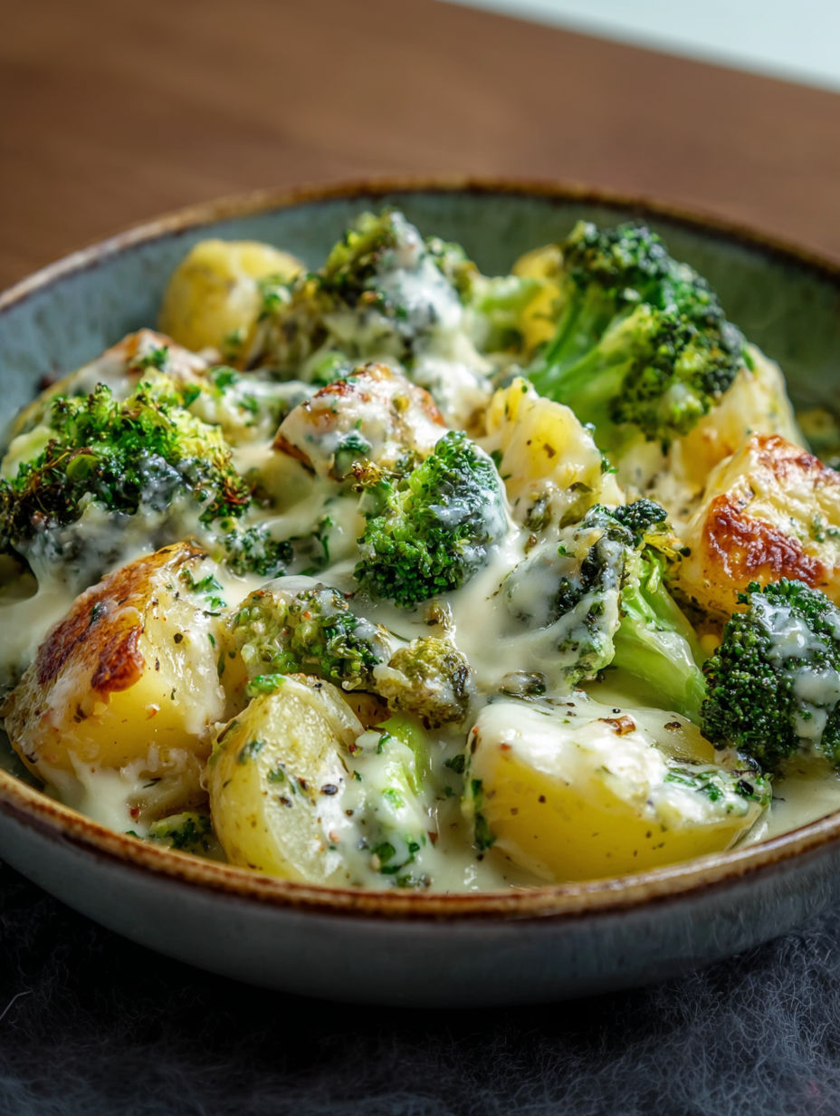 A bowl of food with broccoli and potatoes.