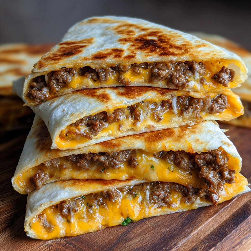 A stack of cheeseburger quesadillas.