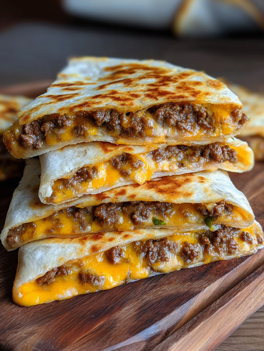 A stack of taco shells with meat and cheese.