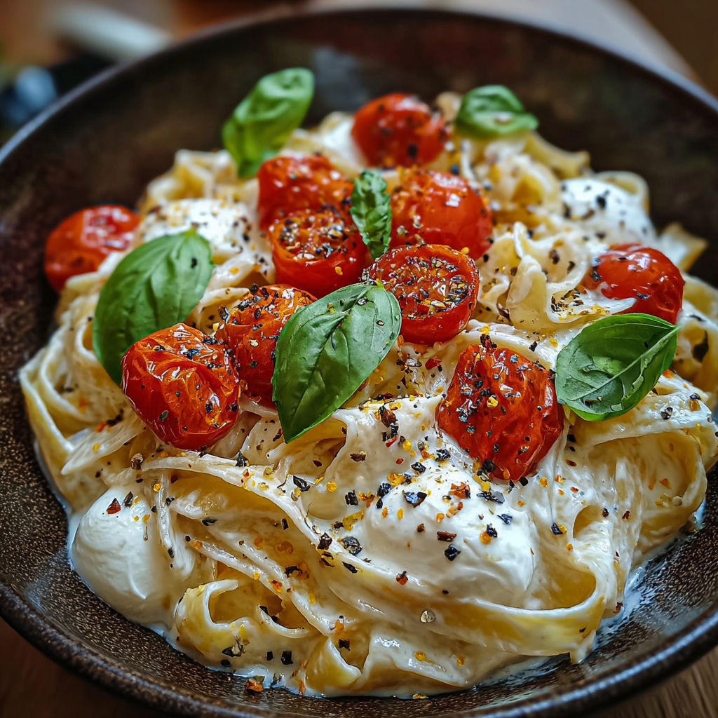 A bowl of pasta with tomatoes and basil.