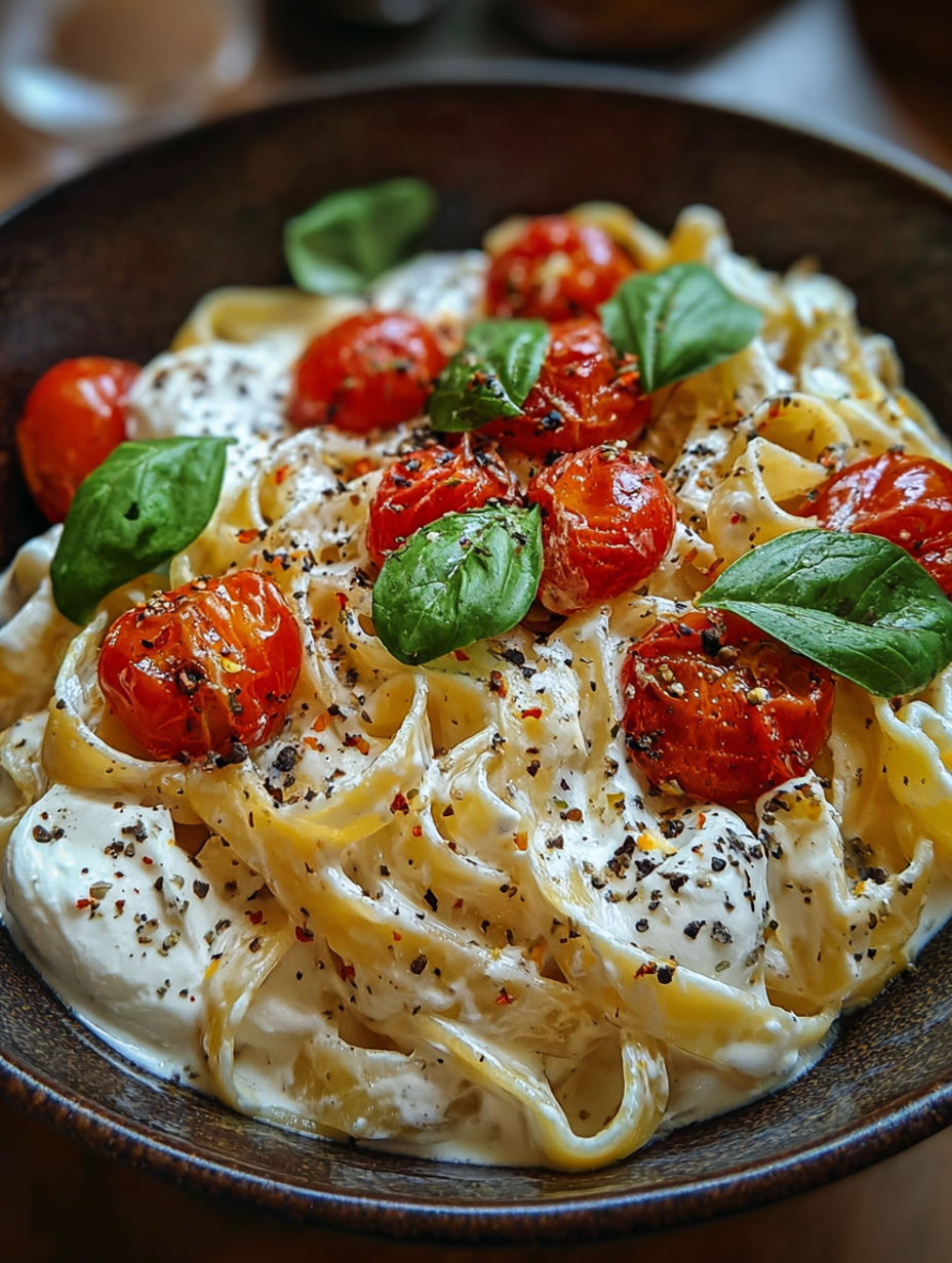 A bowl of pasta with tomatoes and cheese.