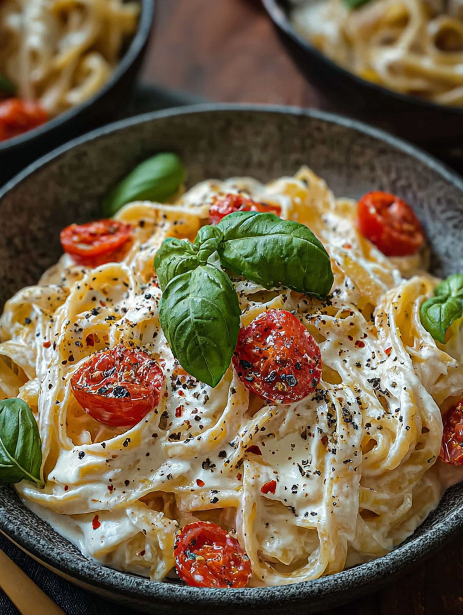 A bowl of pasta with tomatoes and basil.