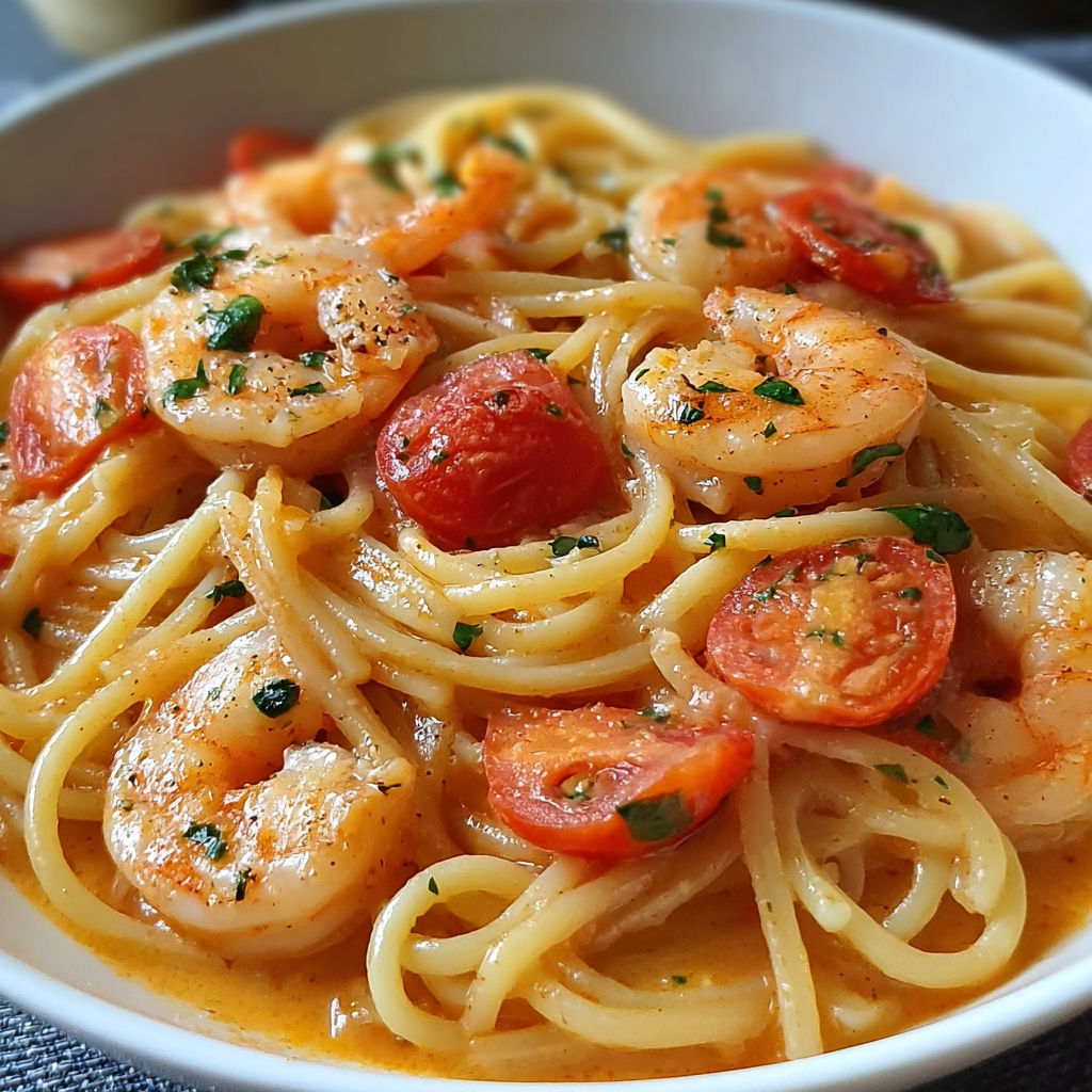 A bowl of spaghetti with shrimp and tomatoes.