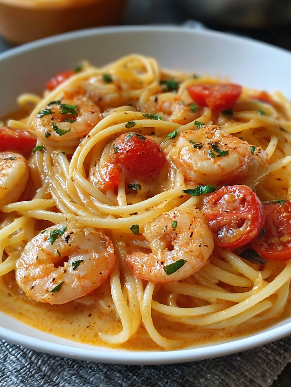 A bowl of spaghetti with shrimp and tomatoes.