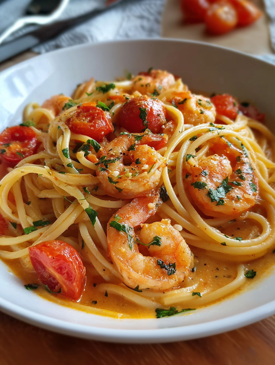 A bowl of spaghetti with shrimp and tomatoes.