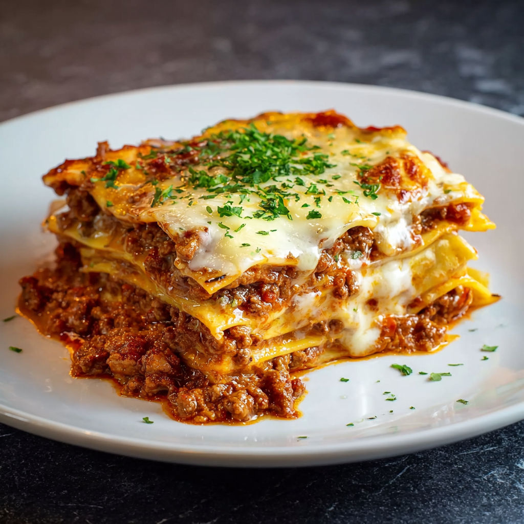 A plate of lasagna with meat and cheese.