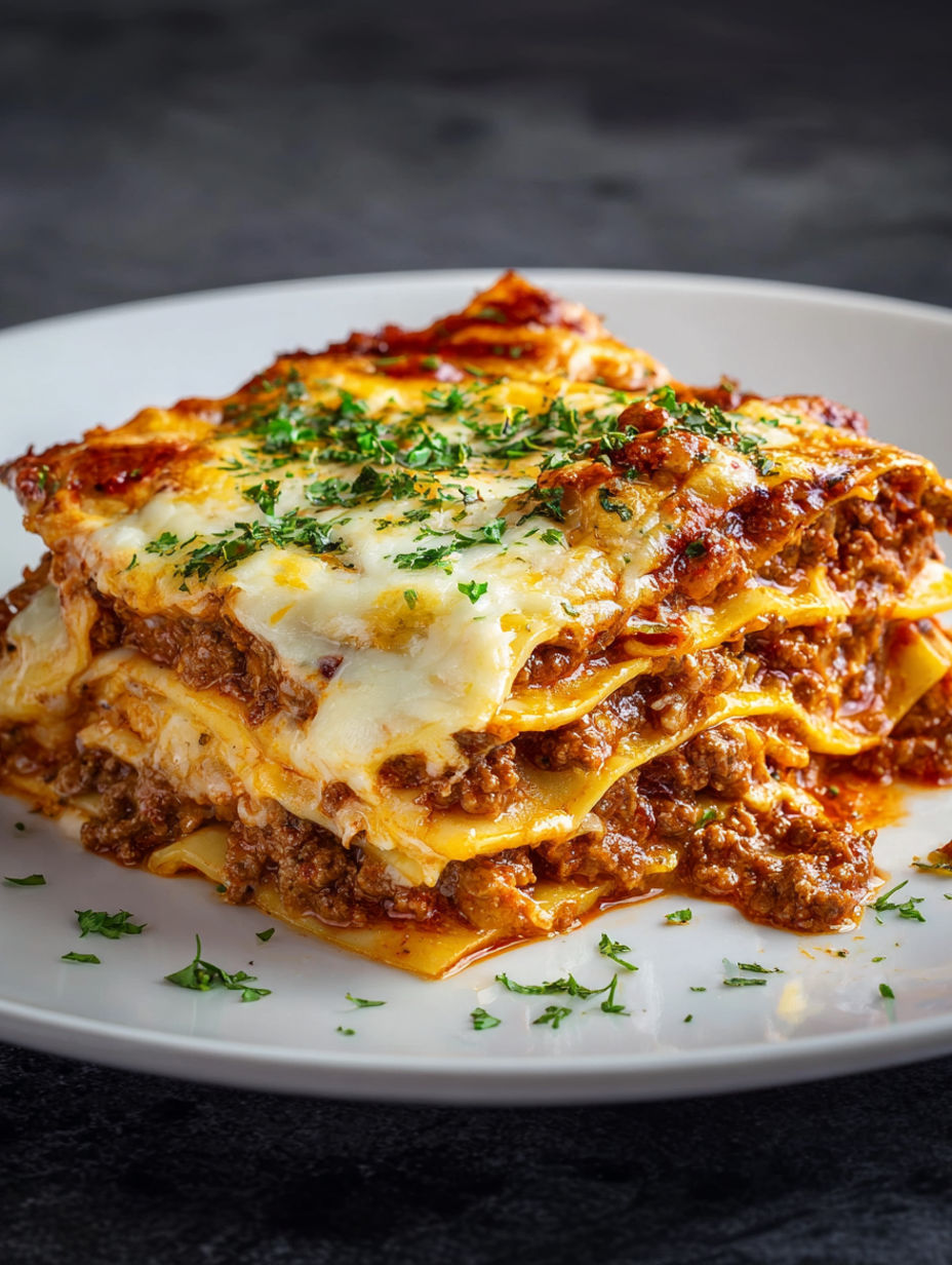 A plate of lasagna with meat and cheese.