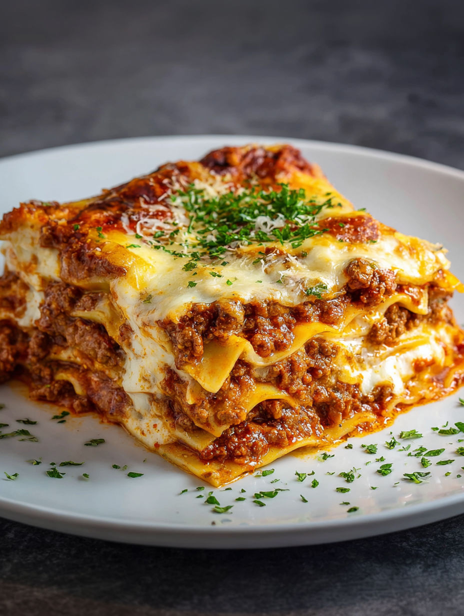 A plate of lasagna with meat and cheese.