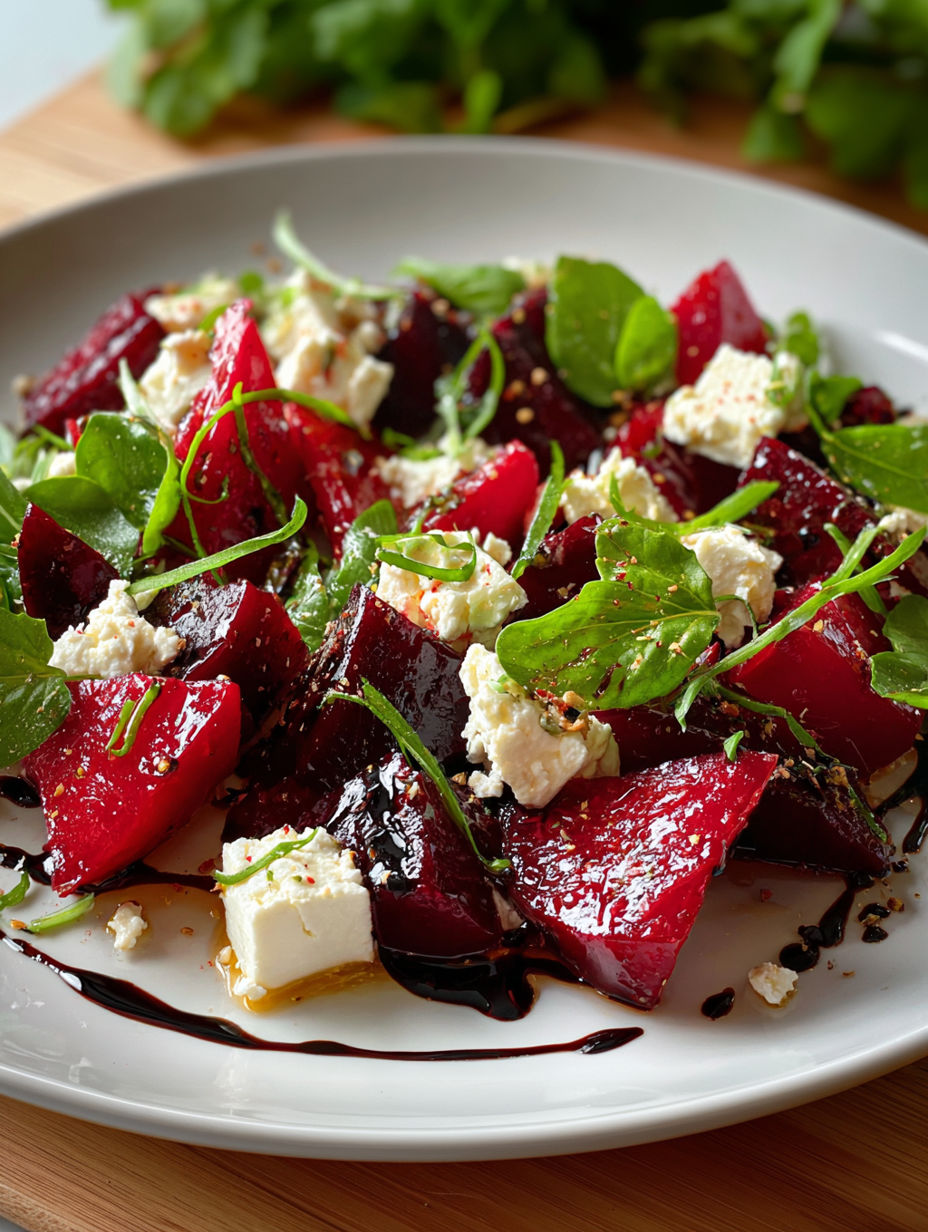 A plate of rote-bete-salat with cheese and sauce.