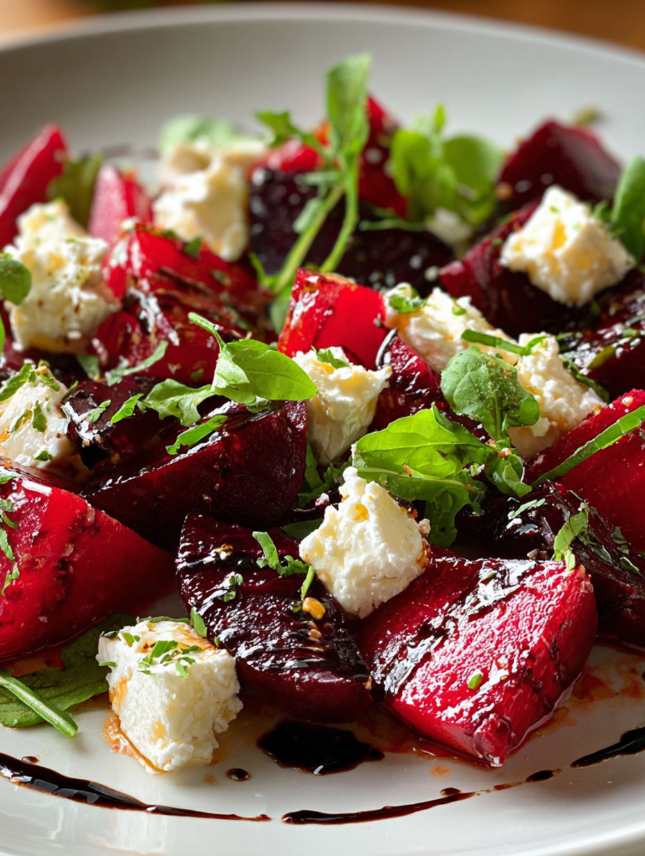 A plate of rote-bete-salat with feta cheese.