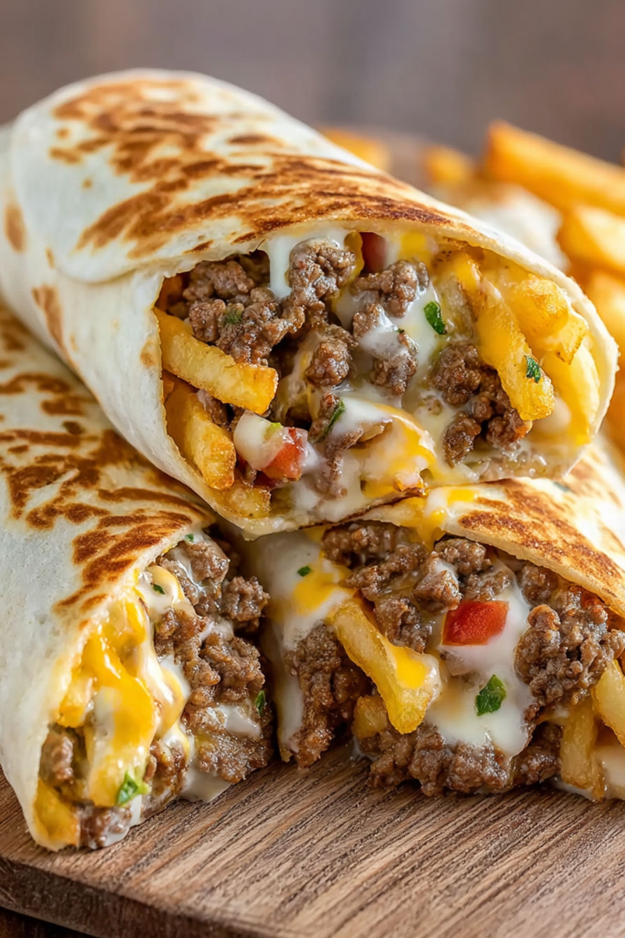 A burrito filled with beef and cheese.