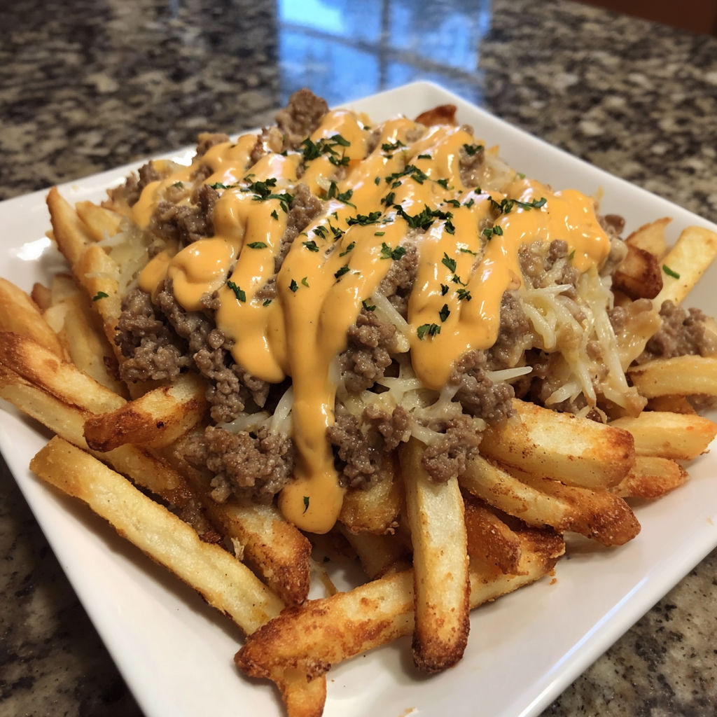 A plate of cheeseburger fries with a white sauce.